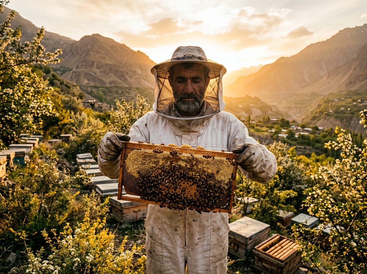 Beekeeper inspecting beehives